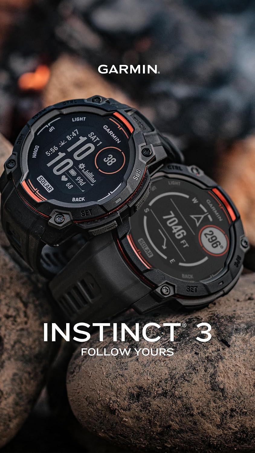 Garmin Instinct 3 50mm, Solar Charged Display, Rugged Outdoor GPS Smartwatch, Unlimited Battery Life, Built-in Flashlight, Charcoal (010-02935-00) Tactical Smart Watch Bundle for Men and Women