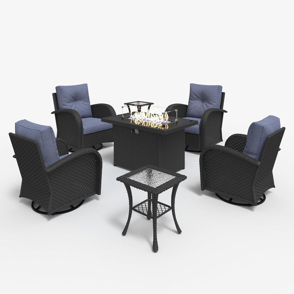 LayinSun 7 Pieces Outdoor Patio Furniture Set with Fire Pit Table, Rattan Wicker Sectional Swivel Rocker Chairs Sets