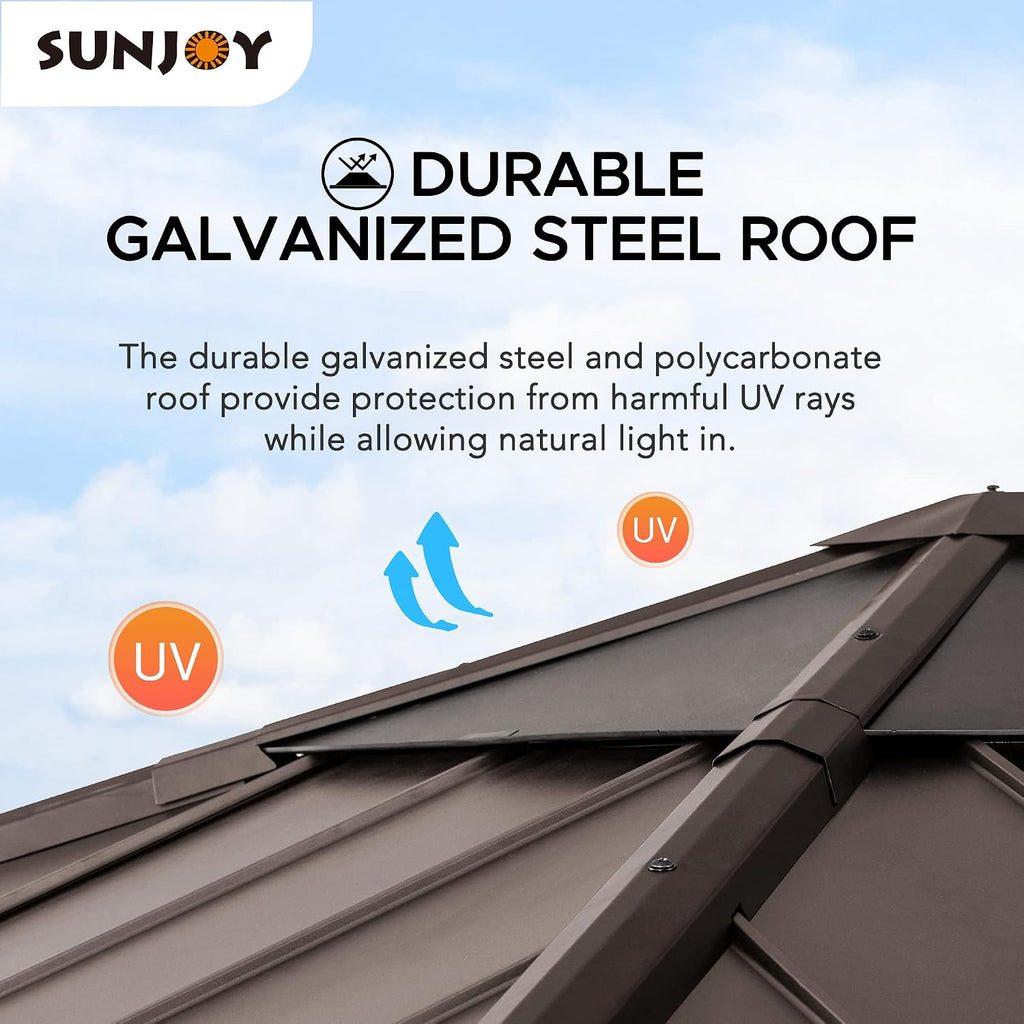Sunjoy Hardtop Gazebo 9 x 9 ft. Upgrade Cedar Framed Wood Gazebo with Brown Steel & Polycarbonate Hip Roof Hardtop for Garden, Backyard Shade, Brown Roof + Natural Wood Frame