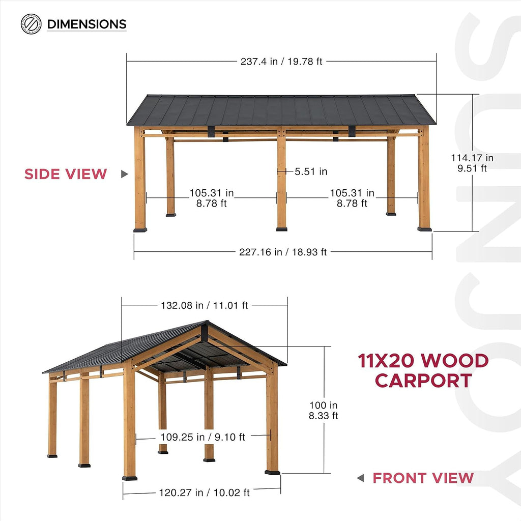 SUNJOY Carport 11 ft. x 20 ft. Standard Wood Gazebo Heavy Duty Garage, Cedar Framed Gazebo Car Shelter with Metal Roof and Movable Ceiling Hook, Shade for Backyard, Patio Lawn and Garden