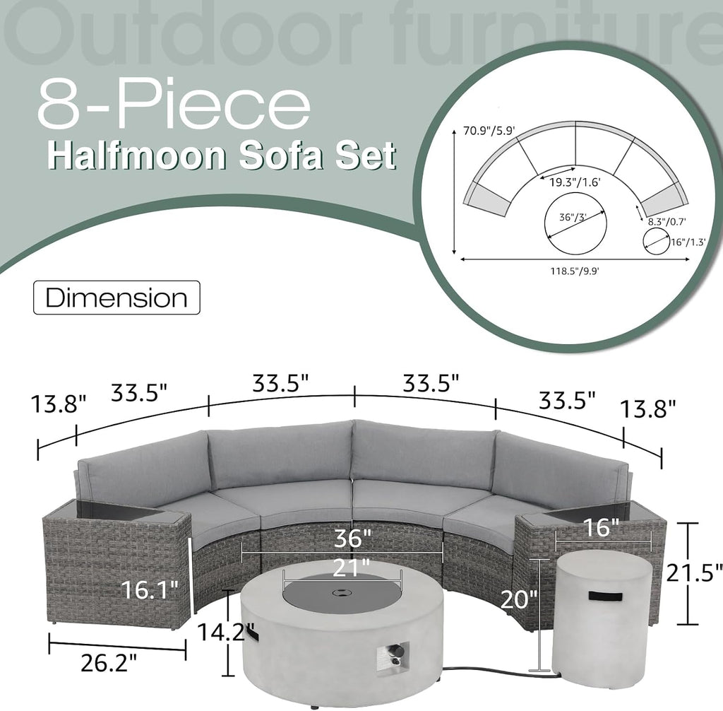 SUNSITT 8 Piece Patio Furniture Set with Propane Fire Pit Half-Moon Curved Patio Set Outdoor Sectional Sofa with 36in Grey Gas Fire Table & Tank Cover, Grey Rattan