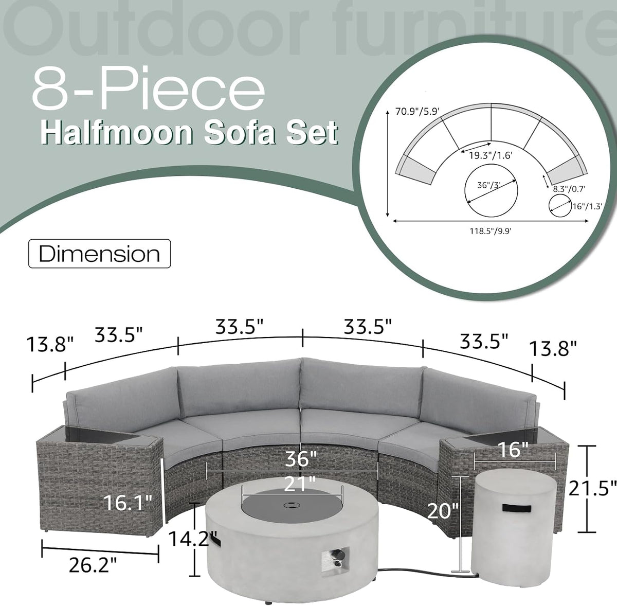 SUNSITT 8 Piece Patio Furniture Set with Propane Fire Pit Half-Moon Curved Patio Set Outdoor Sectional Sofa with 36in Grey Gas Fire Table & Tank Cover, Grey Rattan