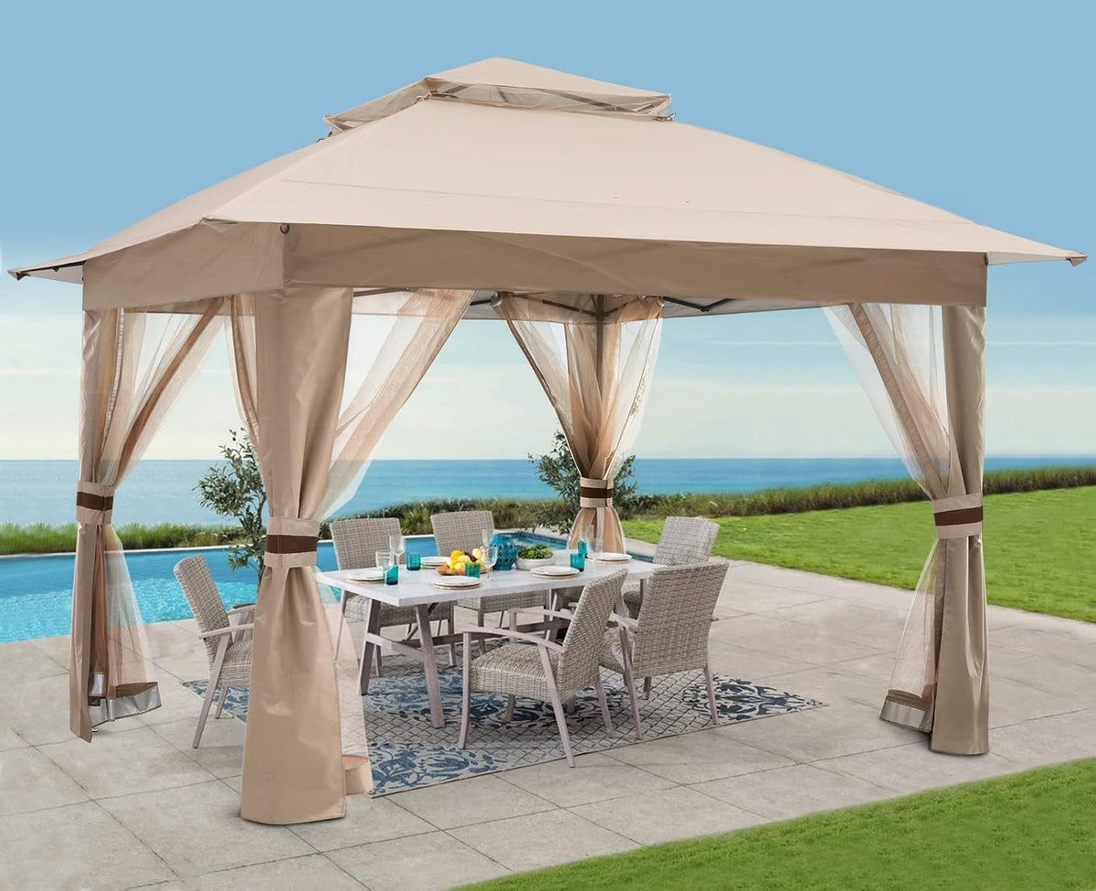 COOSHADE 13x13 Pop Up Gazebo Tent Outdoor Canopy Patio Shelter with Mosquito Netting(Khaki)