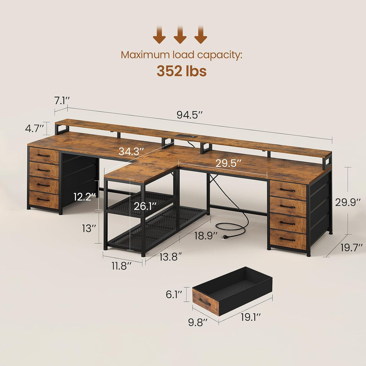 SEDETA 94.5' 2 Person Gaming Desk, Long Office Computer Desk with 8 Drawers & LED Lights, Two Person Desk with Storage, Power Strip & Monitor Stand for Home Office, Rustic Brown