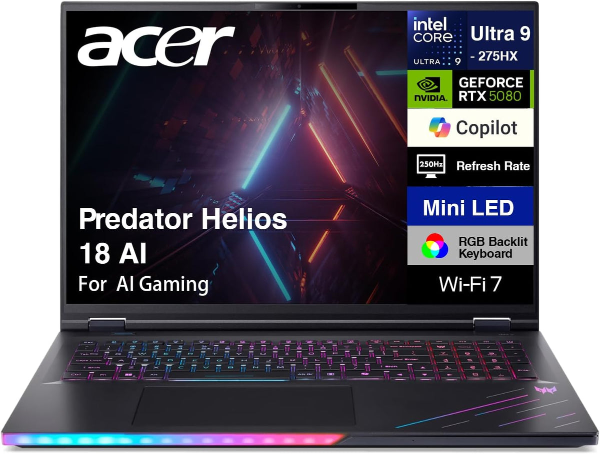 acer Predator Helios 18 AI Gaming Laptop 18' 250Hz 1000 nits Mini-LED WQXGA (Intel Ultra 9-275HX, GeForce RTX 5080 16GB, 64GB DDR5, 8TB SSD, 2 Thunderbolt 5, Win 11 Home) w/DKZ USB Port Expander