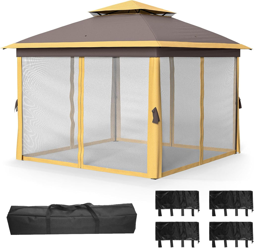 Garvee 11x11 ft Outdoor Gazebo, Heavy Duty Gazebo with Sturdy Metal Frame & Double Roofs, Patio Shelter with Mosquito Netting, Ideal for Backyard, Garden, Lawn, Deck, Khaki