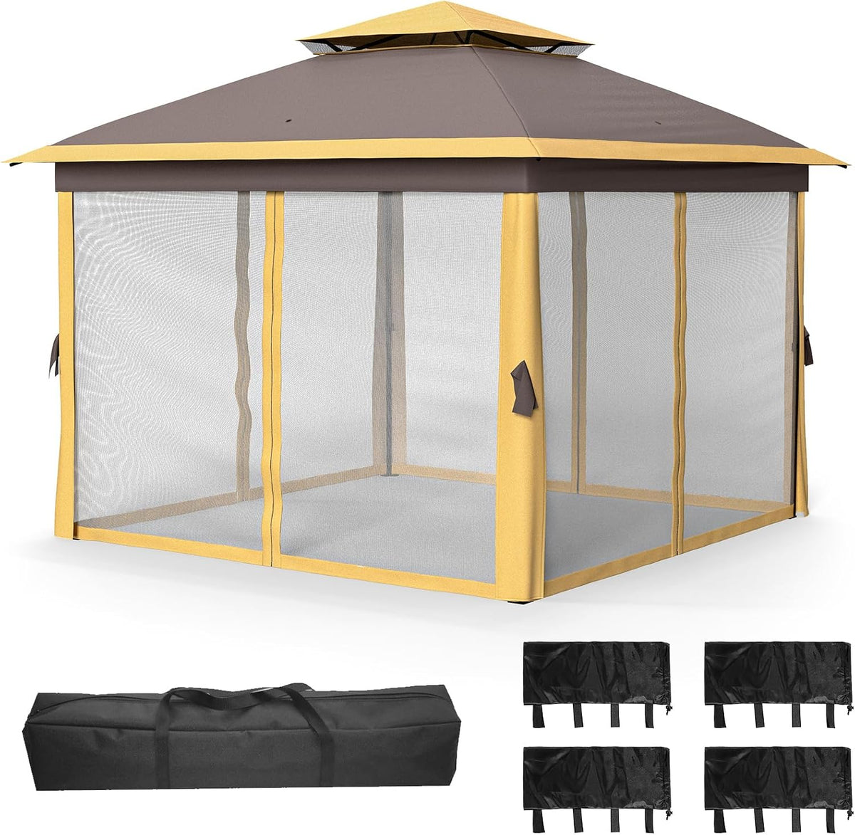Garvee 11x11 ft Outdoor Gazebo, Heavy Duty Gazebo with Sturdy Metal Frame & Double Roofs, Patio Shelter with Mosquito Netting, Ideal for Backyard, Garden, Lawn, Deck, Khaki