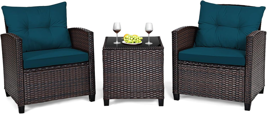 HAPPYGRILL 3 Pieces Patio Conversation Set, Outdoor Furniture Set PE Rattan Sofa Set with Removable Cushions, PE Wicker Chairs with Tempered Glass Side Table for Porch Lawn Garden Balcony Backyard