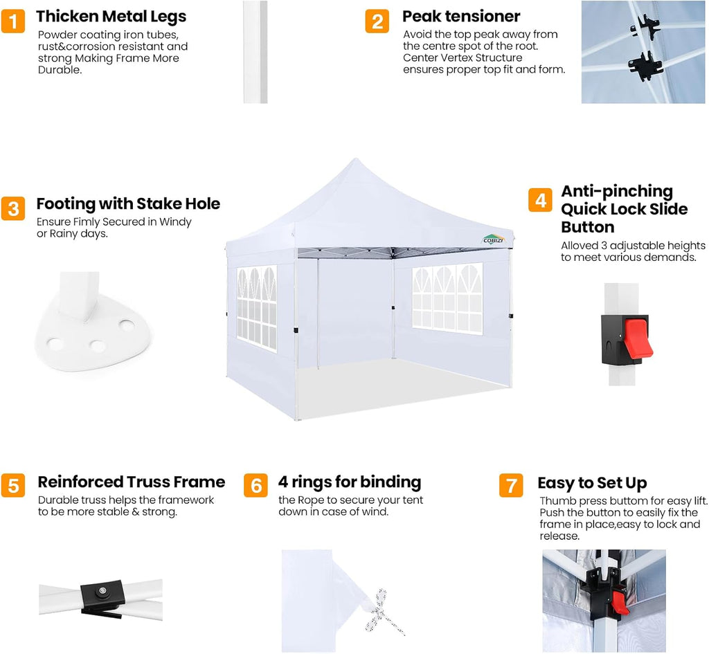 COBIZI 10x10 Pop Up Canopy with 4 Sidewalls, Canopy Tent 10x10 for Parties, Backyard, Commercial, Waterproof and Portable Instant Shelter UV50+ Outdoor Gazebo with 4 Sandbags(White)