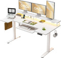 OffiGo U Shaped Electric Standing Desk with Keyboard Tray, 63 Inch Height Adjustable Desk with Power Outlets & LED Lights, Sit Stand Table with Monitor Stand for Home, Office, White