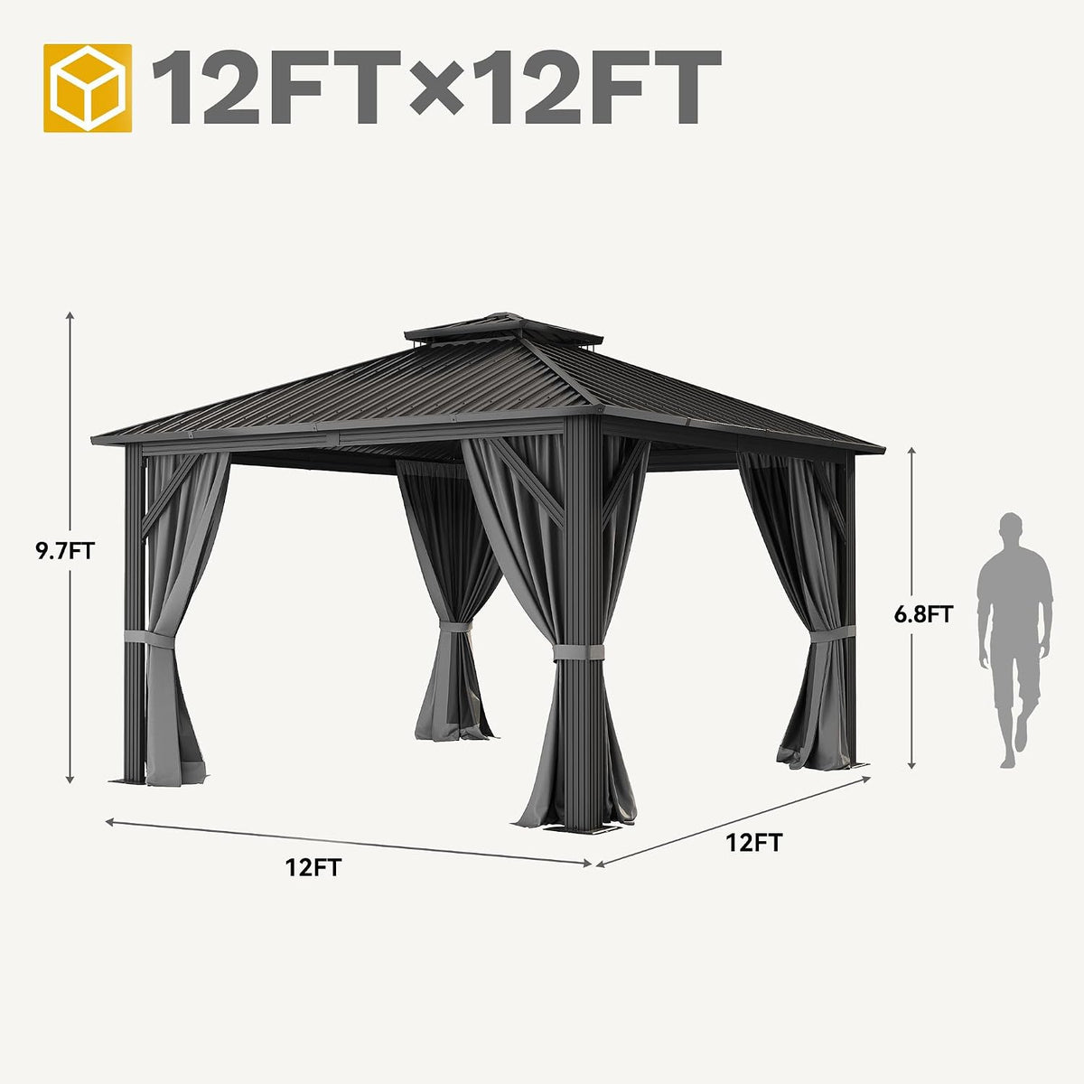 DWVO 12x12ft Gazebo Double Roof Hardtop with Nettings and Curtains, Heavy Duty Galvanized Steel Outdoor Vertical Stripes Roof for Patio, Backyard, Deck, Lawns, Grey