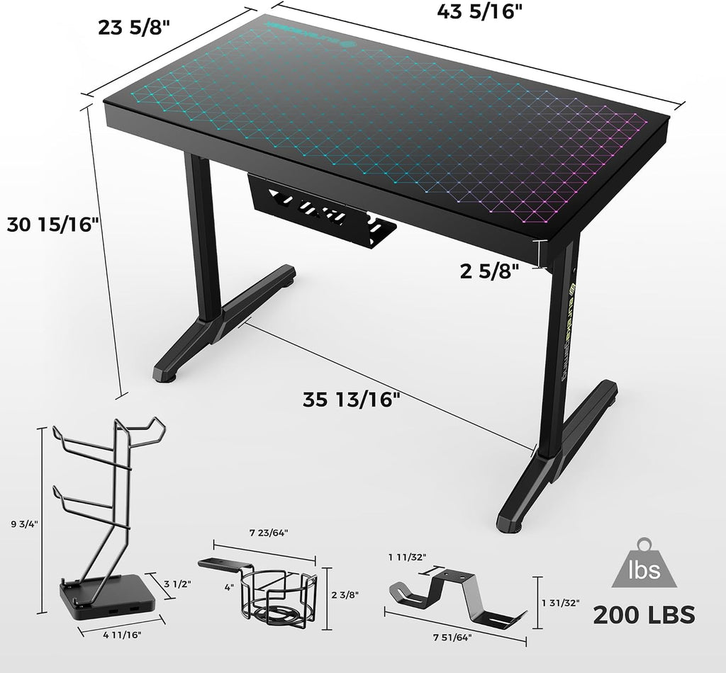 EUREKA ERGONOMIC RGB LED Gaming Desk, Music Sync Lights Up Tempered Glass Desktop, 43' GTG I43 Home Office Computer Table W Controller Rack 4 USB Charging Ports, APP Control