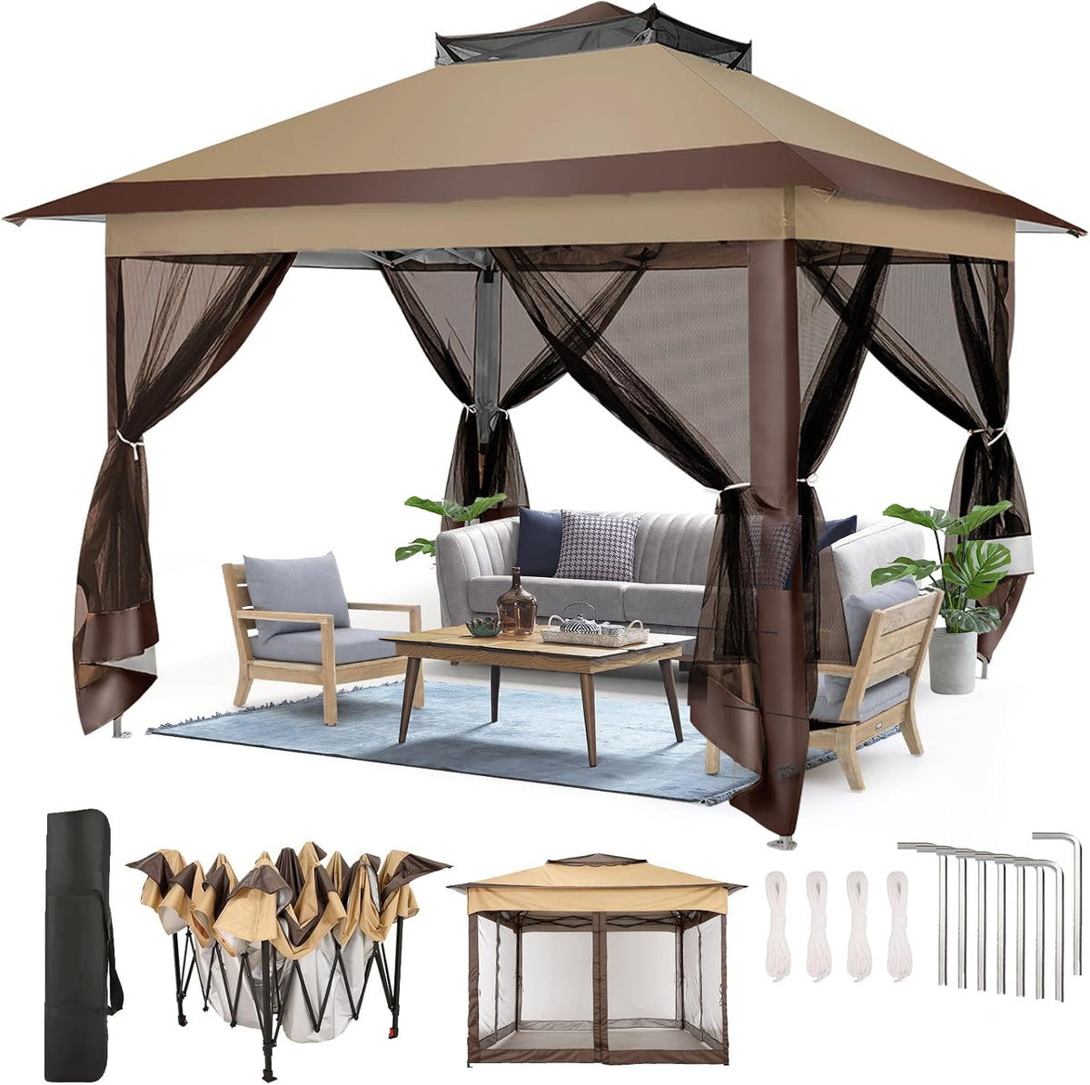 COBIZI 10x10 Pop Up Gazebos on Clearance 11x11 Canopy Tent Easy Up Outdoor Gazebo Waterproof Portable Gazebo with Mosquito Nettings, Double Vented Roof and Carry Bag for Patio Garden Lawn(Coffee)