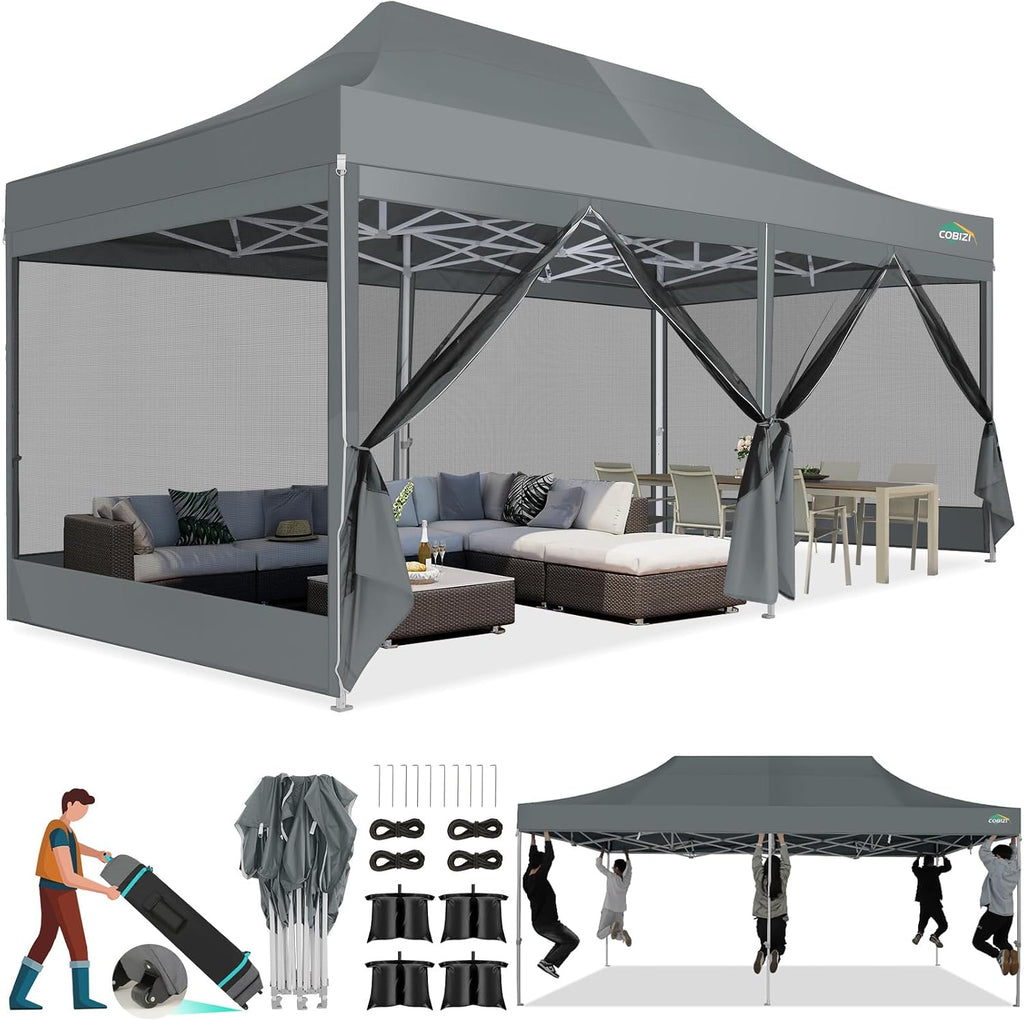 COBIZI 10x20 Canopy Tent, Heavy Duty Pop up Canopy with Sidewalls, Waterproof Easy Setup Canopy with Mosquito Netting, Outdoor Instant Screen Tents for Parties, Wedding with Roller Bag, Gray