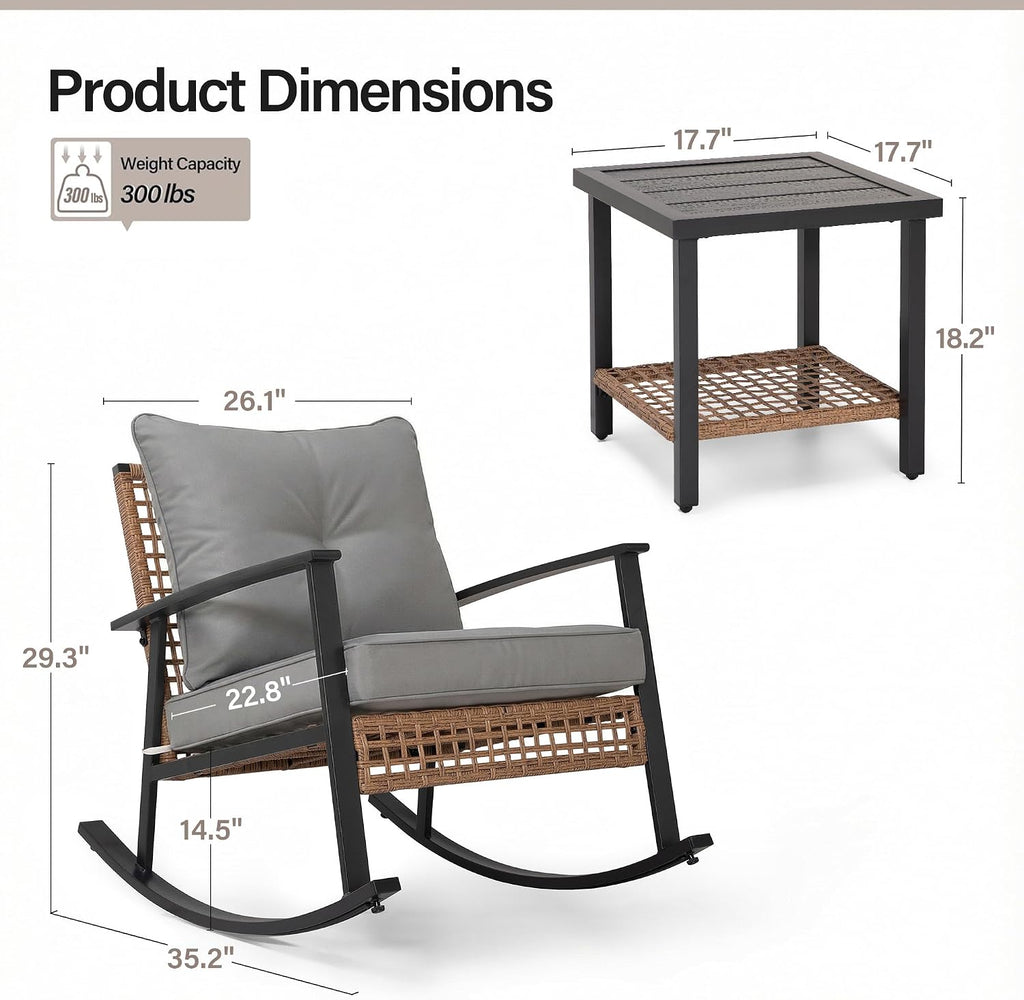 LAUSAINT HOME 3-Piece Rocking Bistro Set, Outdoor Patio Furniture with Thick Cushions and 2-Tier Coffee Table, Oversize Rattan Conversation Set for Garden, Balcony, Backyard (Grey)