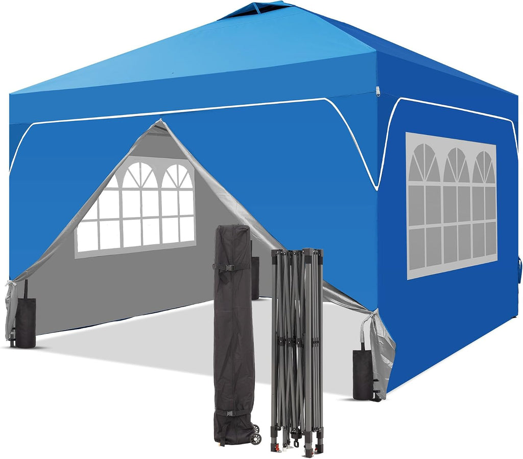 GDY 12x12 Patio Pop Up Canopy Tent with 4 Sidewalls, Easy Set up with One Push Lift Outdoor Silver Coated Beach Gazebos, Carpas with 4 Sandbags, for Parks, Parties,Camping, Blue.