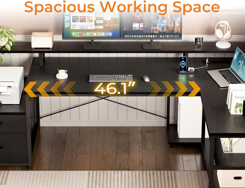 ODK 75' L Shaped Desk with File Drawers, Work from Home Office Desk with Power Outlet, Reversible Computer Desk with Storage Shelves, Gaming Desk with Monitor Shelf, Corner WFM Table, Black