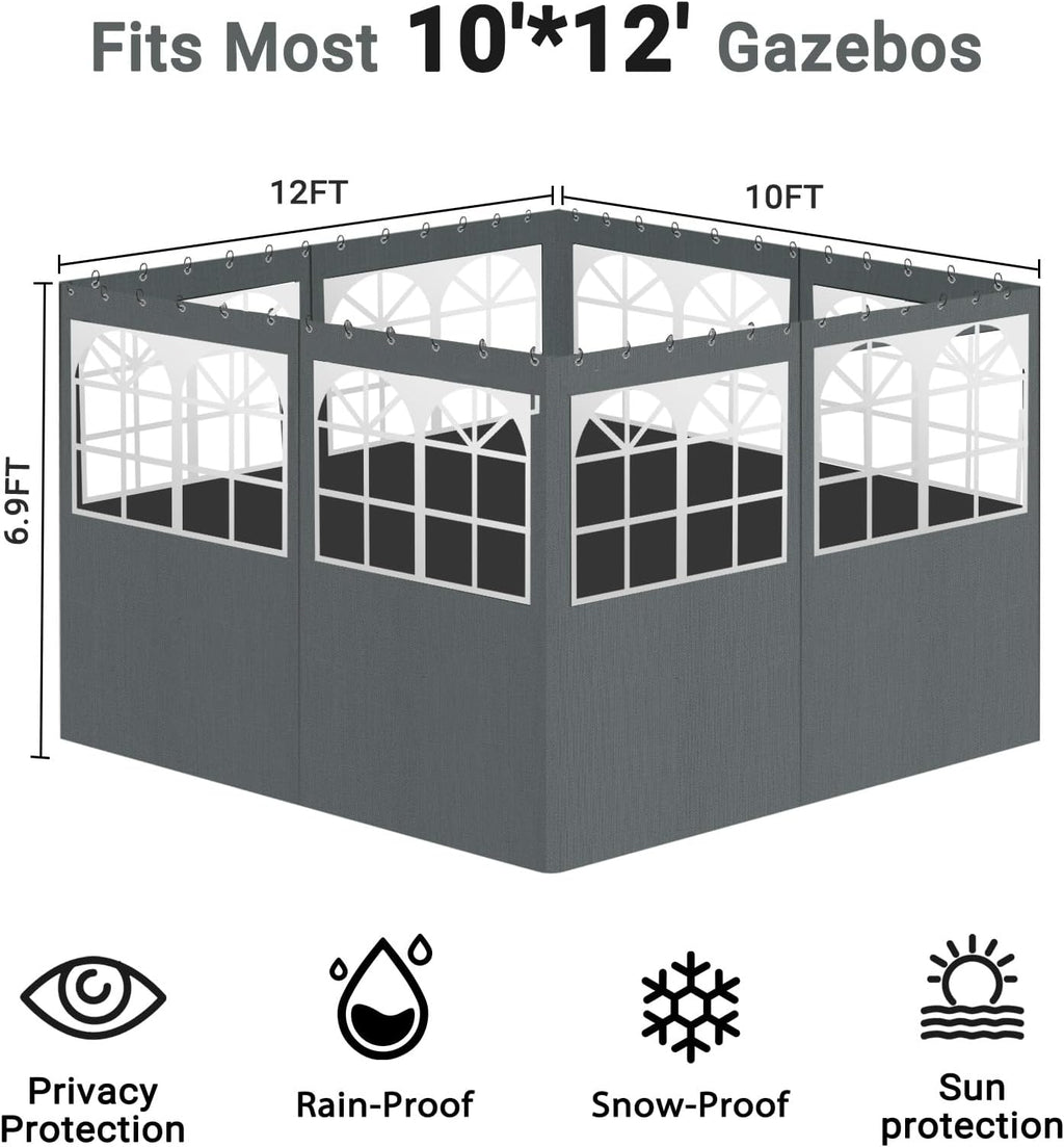 10'x12' Gazebo Curtains Outdoor Waterproof with PVC Windows, 4-Panel Sidewalls Universal Replacement Privacy Curtain, Outdoor Curtains for Patio, Backyard (Grey)