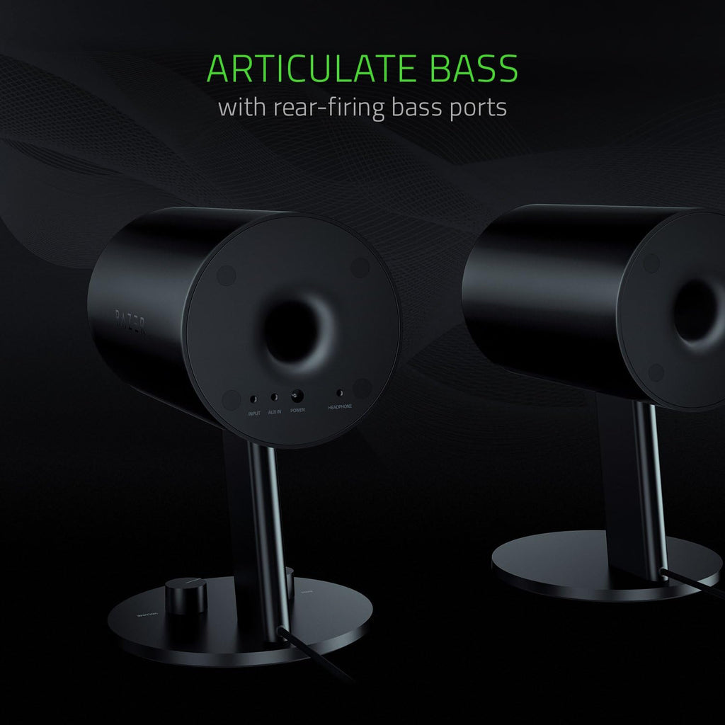 Razer Nommo: Custom Woven Fiberglass 3' Drivers - Rear-Facing Bass Ports - Bass Knob w/Automatic Gain Control - Full Range 2.0 PC Gaming Speakers