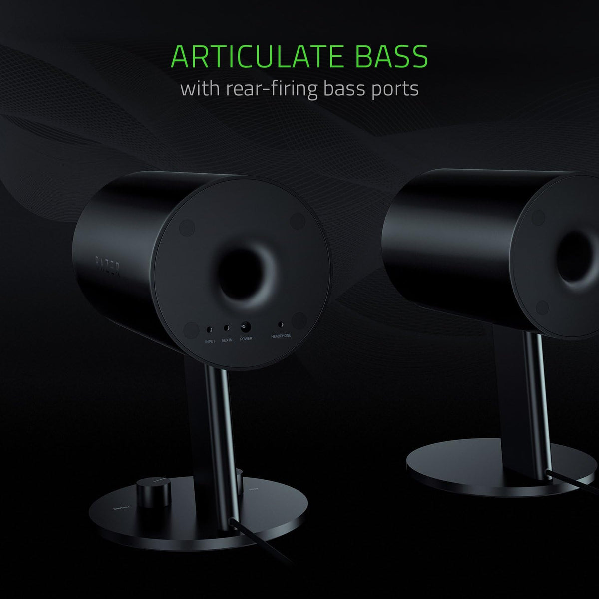 Razer Nommo: Custom Woven Fiberglass 3' Drivers - Rear-Facing Bass Ports - Bass Knob w/Automatic Gain Control - Full Range 2.0 PC Gaming Speakers