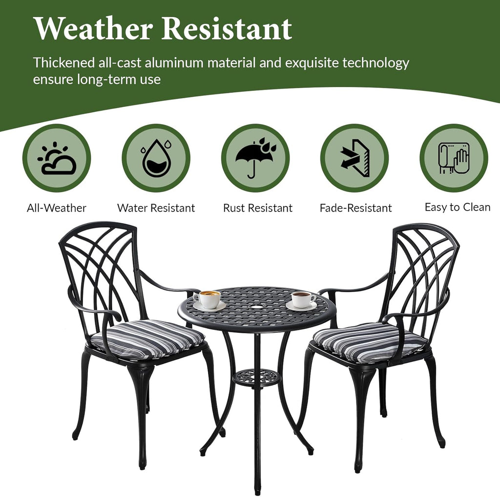 Outdoor Bistro Set 3 Piece Outdoor Bistro Table and Chairs Set Table with Umbrella Hole, Cushions, Cast Aluminum Patio Furniture for Porch, Backyard, Garden, Black