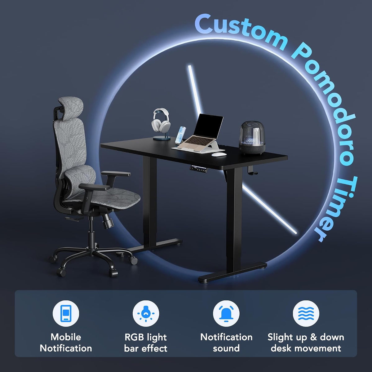 HUANUO One-Piece AI-Powered Electric Standing Desk, Smart APP, Work with Alexa & Google, Adjustable Height, 3 Memory Settings, Sedentary Reminder, Ergonomic Sit-Stand Desk, 48-inch, Black