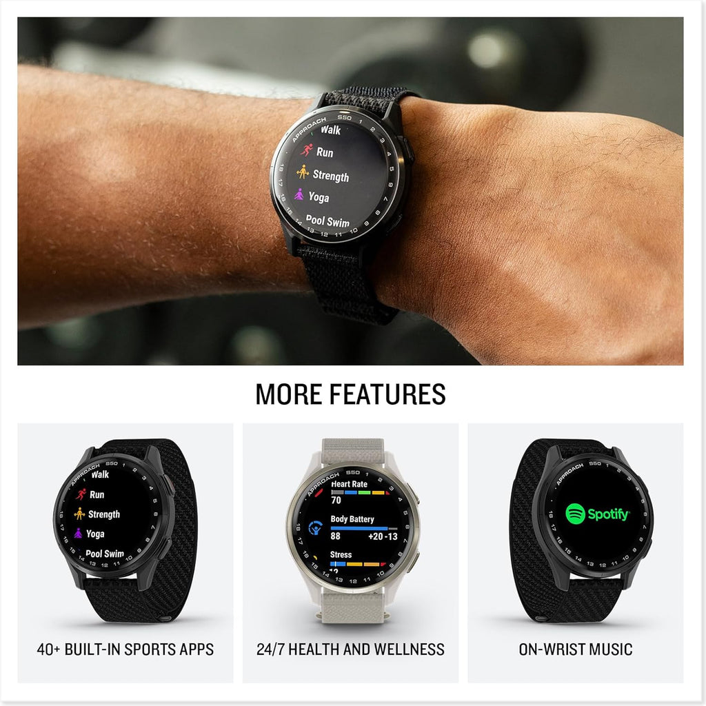 Garmin Approach® S50, Advanced Golf GPS Smartwatch, AMOLED Display, On-Course Features, Wrist-Based Heart Rate, Cream Gold Aluminum Bezel with Ivory ComfortFit Nylon Band