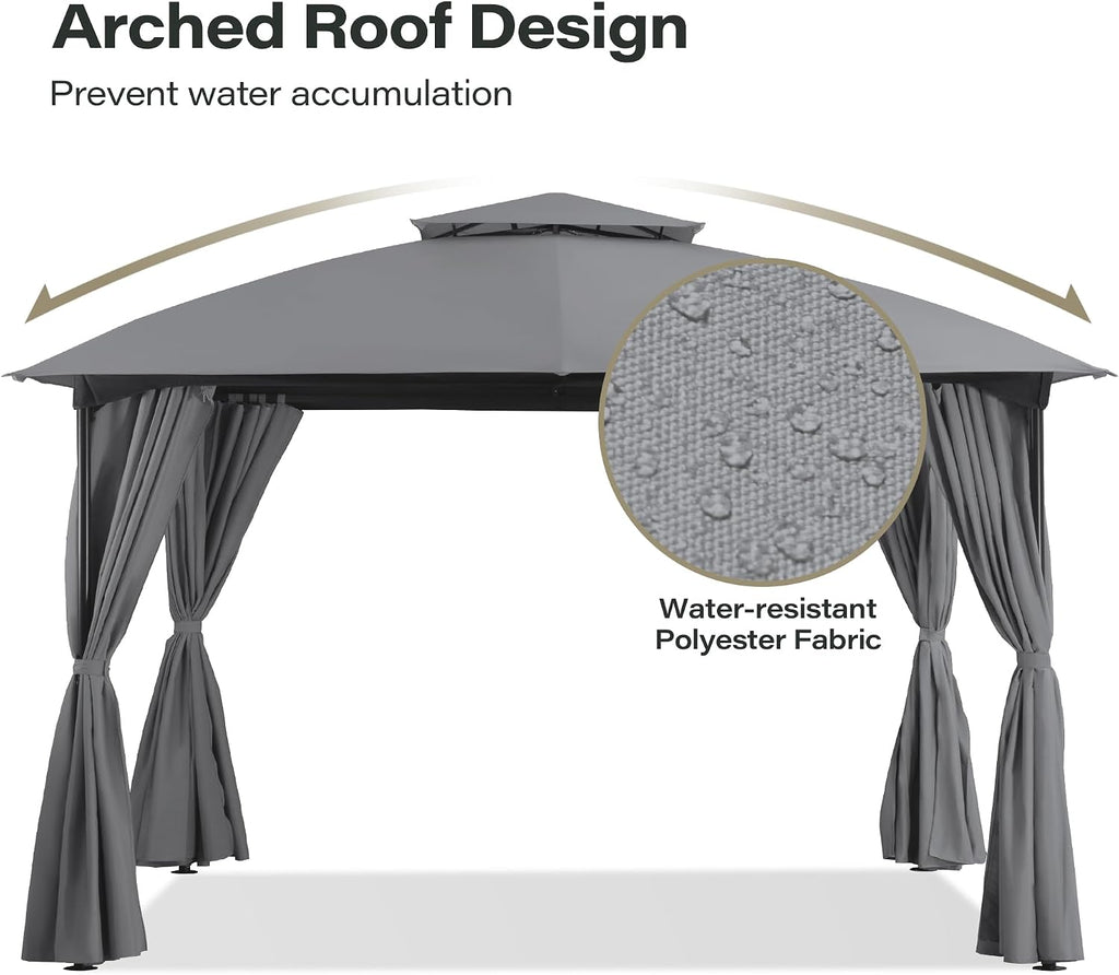 LAUSAINT HOME 10'x10' Patio Arc Gazebo, Outdoor Canopy Tent with Curved Roof Design, Double Tier Top, Privacy Curtains & Wind-Resistant Ropes, Backyard Garden Lawn, Gray