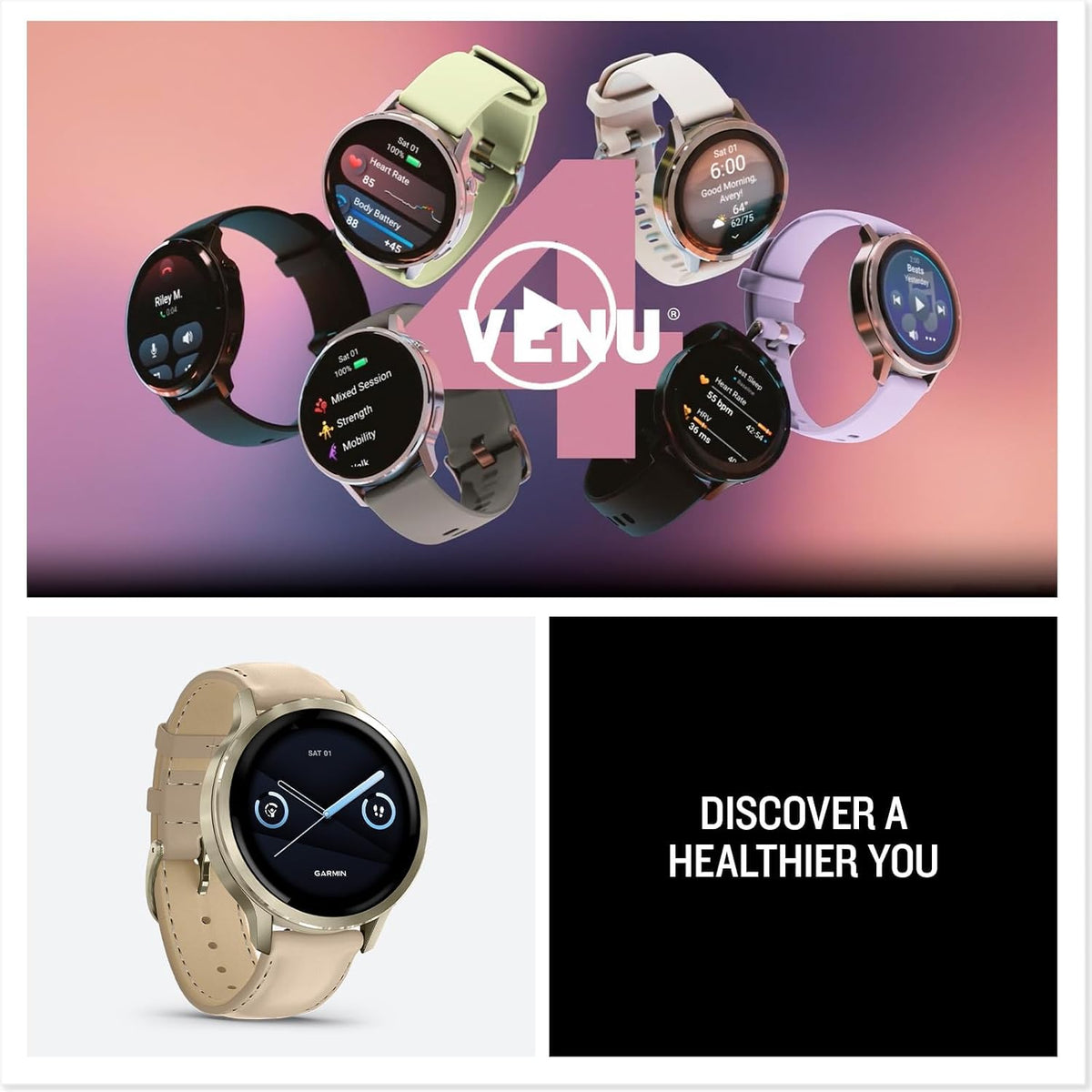 Garmin Venu 4 (41mm) GPS Smartwatch Lunar Gold with Bone Band and Light Sand Leather Band Bundle w/Deco Essentials Charging Dock, 3-Pack Dust Covers & 2-Pack 1.2' Screen Protectors