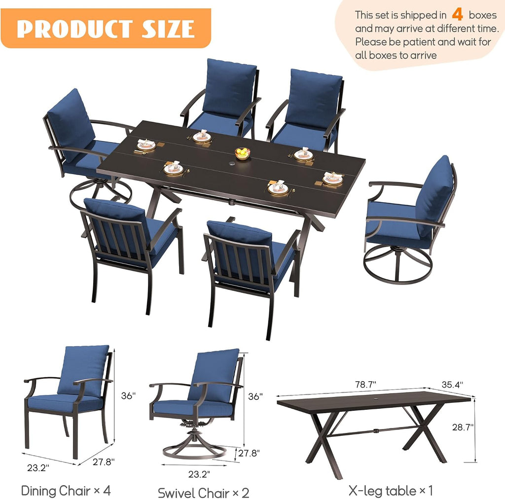 7-Piece Patio Dining Set Outdoor Conversation Set,Metal Outdoor Furniture Set with Umbrella Hole Cut-Out 78.7' x 35.4' Table and 6 Metal Chairs for Backyard,Garden,NavyBlue