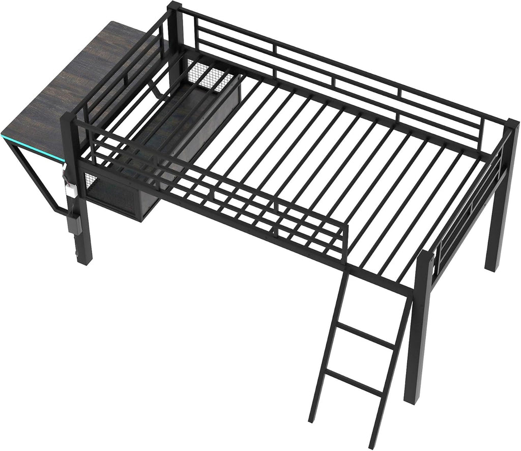 Bellemave Twin Loft Bed with Desk, Gaming mid loft Bed with Desk, LED for Adults, Teens, Kids, Black
