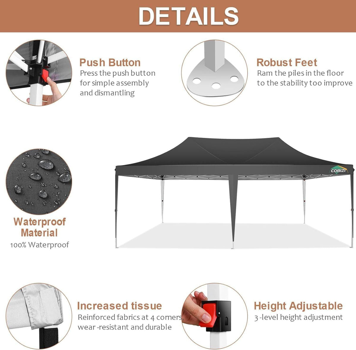 COBIZI 10x20 Pop Up Canopy Tent with Sidewalls, Outdoor Party Tent, Waterproof & UV50+, 3 Adjustable Heights, Higher Frame Design for Parties Backyard, Weddings, Markets, Black