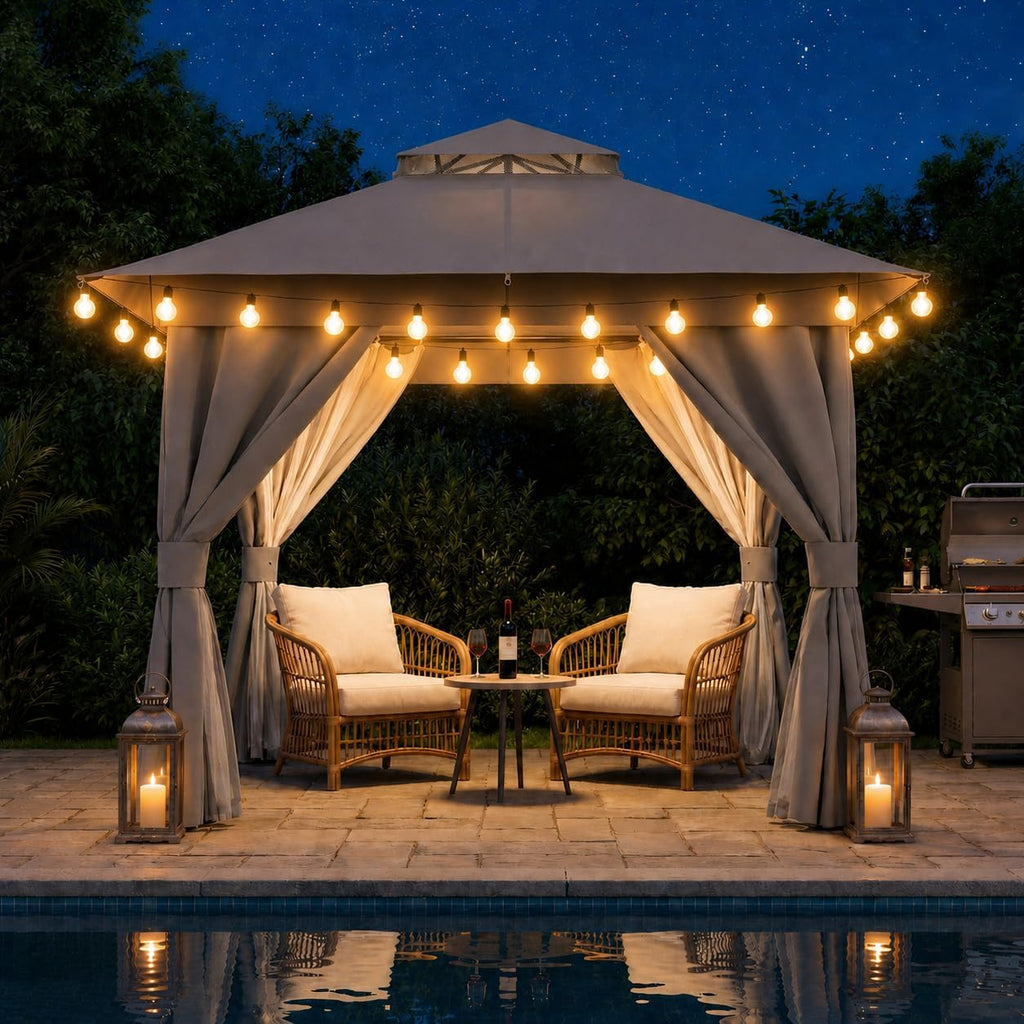 LAUSAINT HOME 8'x8' Outdoor Gazebo with 50FT String Lights, Metal Heavy Duty Patio Canopy Tent with Double Roofs, Mosquito Nettings and Privacy Screens for Backyard, Garden, Lawn, Gray
