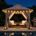 LAUSAINT HOME 8'x8' Outdoor Gazebo with 50FT String Lights, Metal Heavy Duty Patio Canopy Tent with Double Roofs, Mosquito Nettings and Privacy Screens for Backyard, Garden, Lawn, Gray
