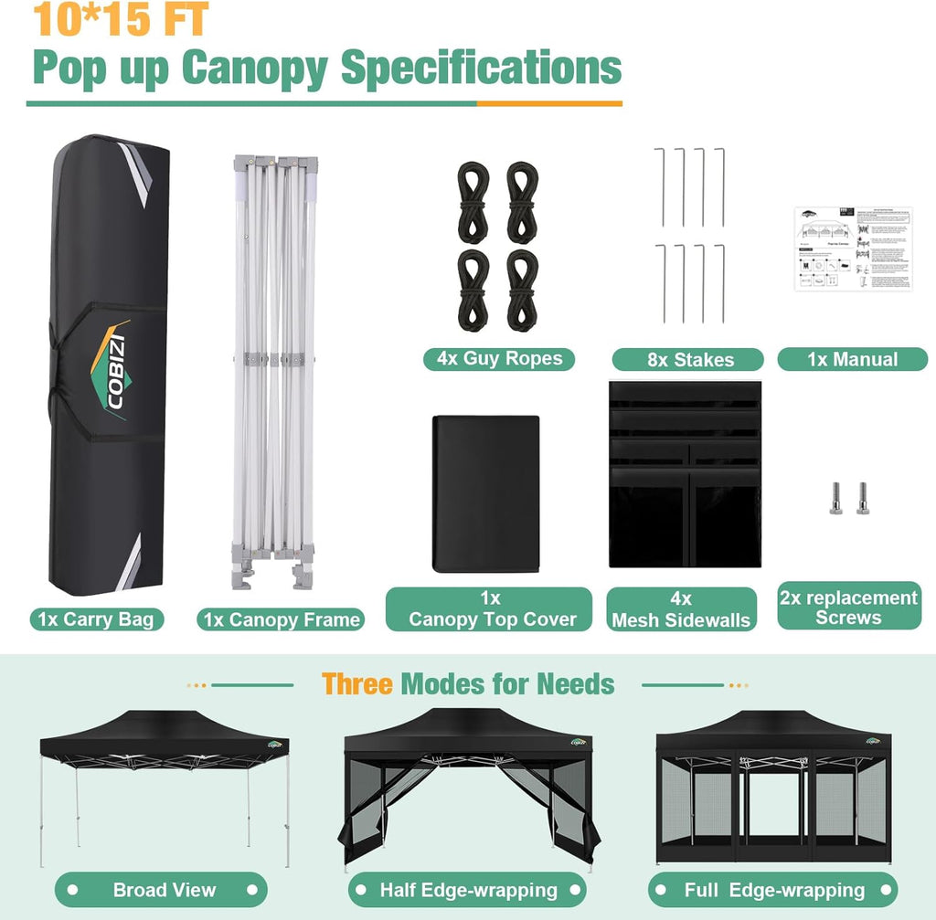 COBIZI 10x15 Canopy Tent, Heavy Duty Pop up Canopy with Sidewalls, Waterproof Easy Setup Canopy with Mosquito Netting, Outdoor Instant Screen Tents for Parties, Wedding, Backyard with Carry Bag, Black