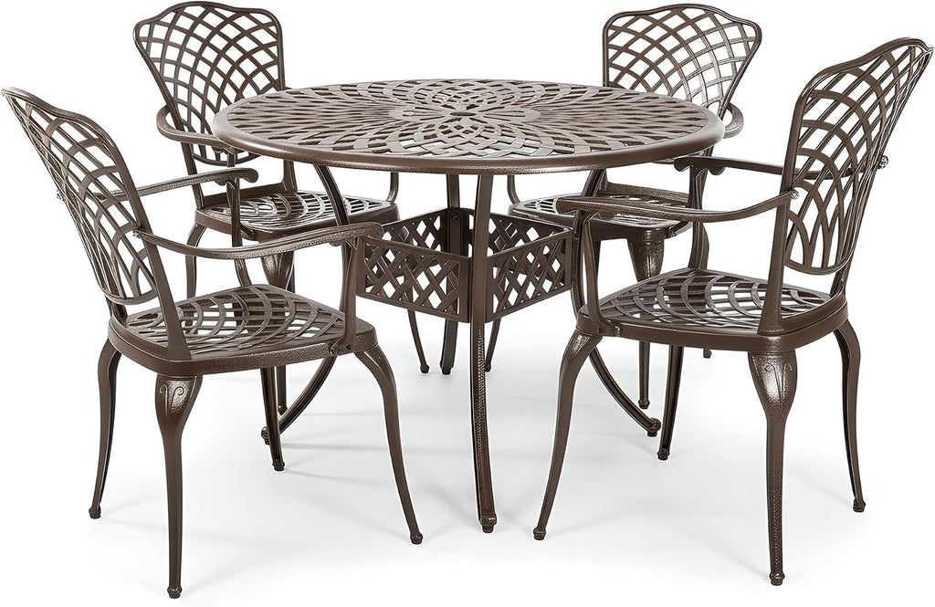 Mazatzal 5 Pieces Outdoor Furniture Dining Set for 4 All-Weather Cast Aluminum Round Patio Table and Chairs Outdoor Furniture Set with Umbrella Hole Retro Bronze Pattern Design