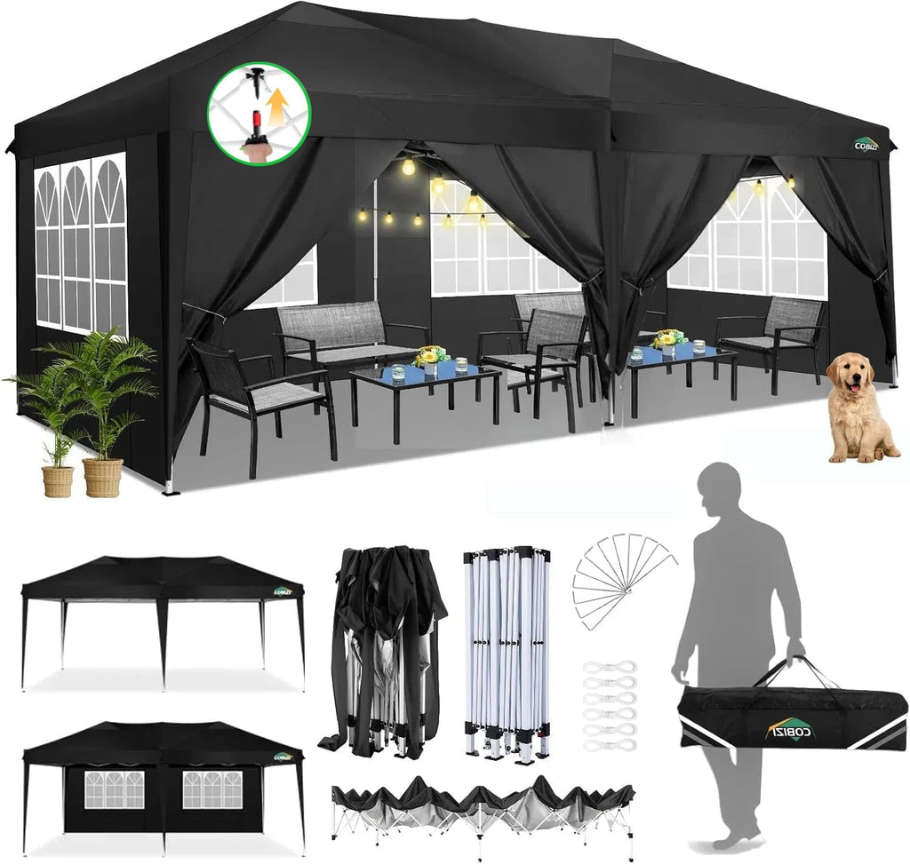 COBIZI Canopy 10x20 Pop Up Canopy Tent with 6 Sidewalls Outdoor Party Tent 10x20 Waterproof Commercial Instant Shelter UPF 50+ Portable Gazebo Wedding Tents for Parties Car Port Vender Events(Black