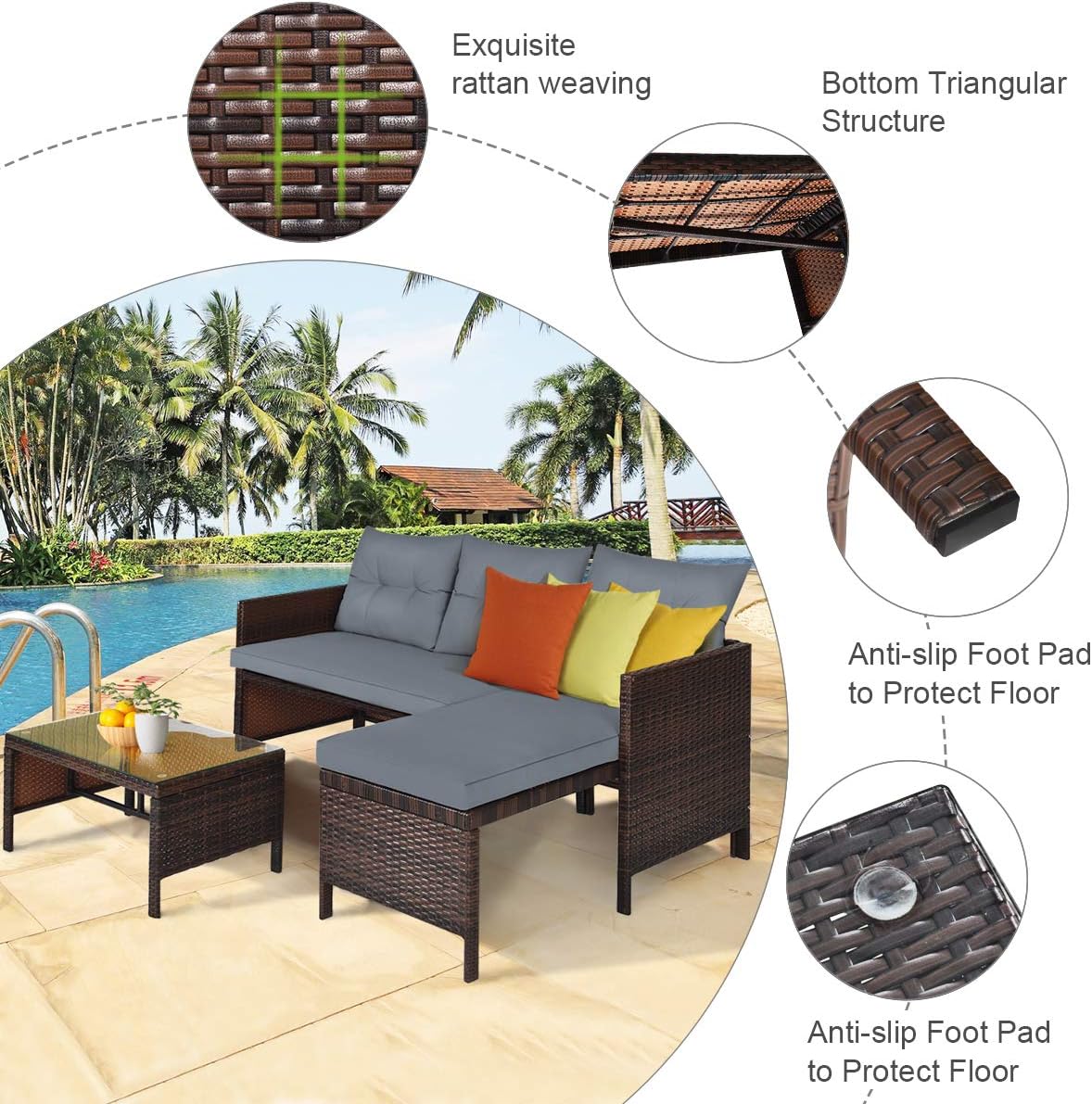 3 Pieces Rattan Sectional Sofa Set, Patio Wicker Rattan Conversation Set with Chaise Lounge, Love Seat & Coffee Table, Patio Furniture Set for Garden, Lawn, Poolside (Gray)
