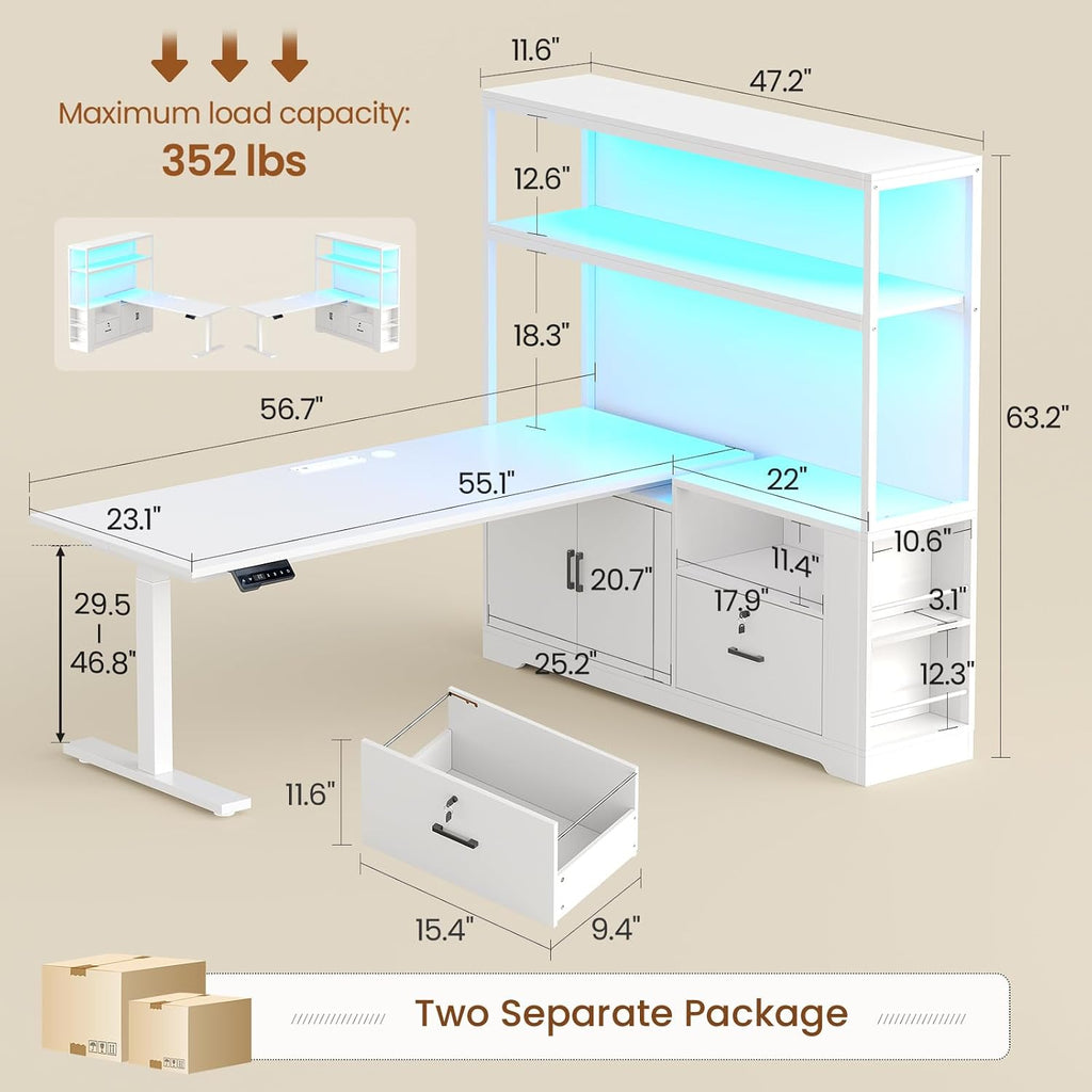 SEDETA 56.7' L Shaped Standing Desk, Reversible Computer Office Desk with Drawers & Hutch, Stand Up Corner Gaming Desks with LED Lights & Power Outlets for Home Office, White