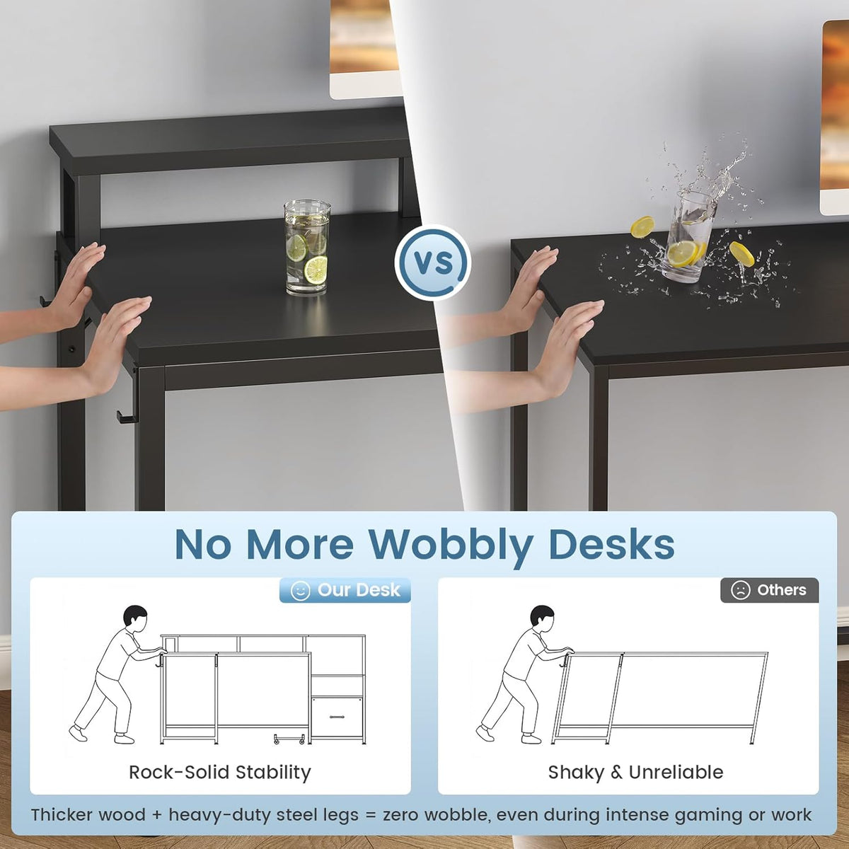 SEDETA 66' L Shaped Desk with Power Outlet, Reversible Home Office Computer Desk with File Drawer & Monitor Shelf, Storage Shelves, LED Lights for Corner Small Spaces, Black