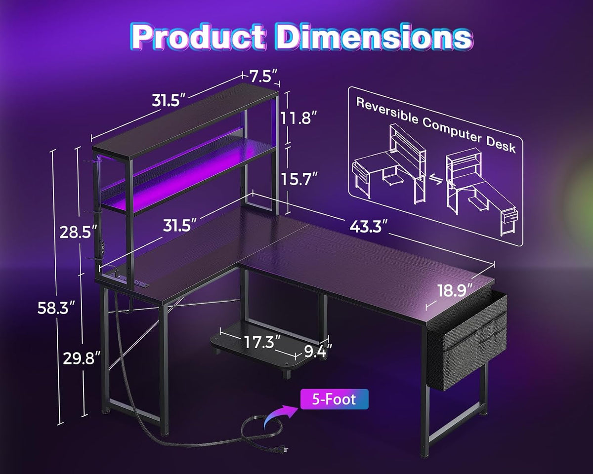AODK L Shaped Desk Gaming Desk with LED Light & Power Outlet, 43 Inch Reversible L Shaped Computer Table with Shelf, Corner Desk with Storage Bag&Hook for Home Office Desk, Black
