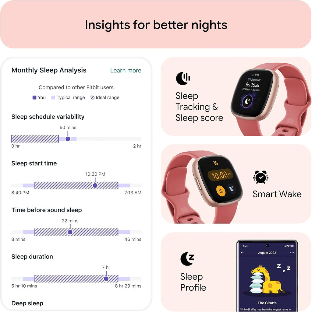 Fitbit Versa 4 Fitness Smartwatch with Daily Readiness, GPS, 24/7 Heart Rate, 40+ Exercise Modes, Sleep Tracking and more, Pink Sand/Copper Rose, One Size (S & L Bands Included)