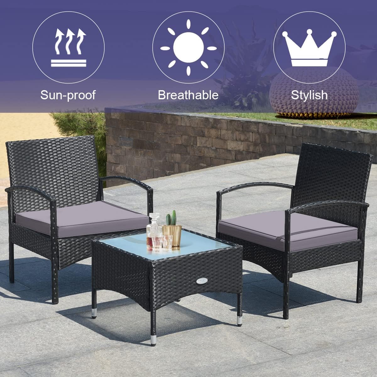 Tangkula 3 Pieces Patio Wicker Rattan Furniture Set, Rattan Chair with Coffee Table, High Load Bearing Chair Conversation Sets for Patio Garden Lawn Backyard Pool