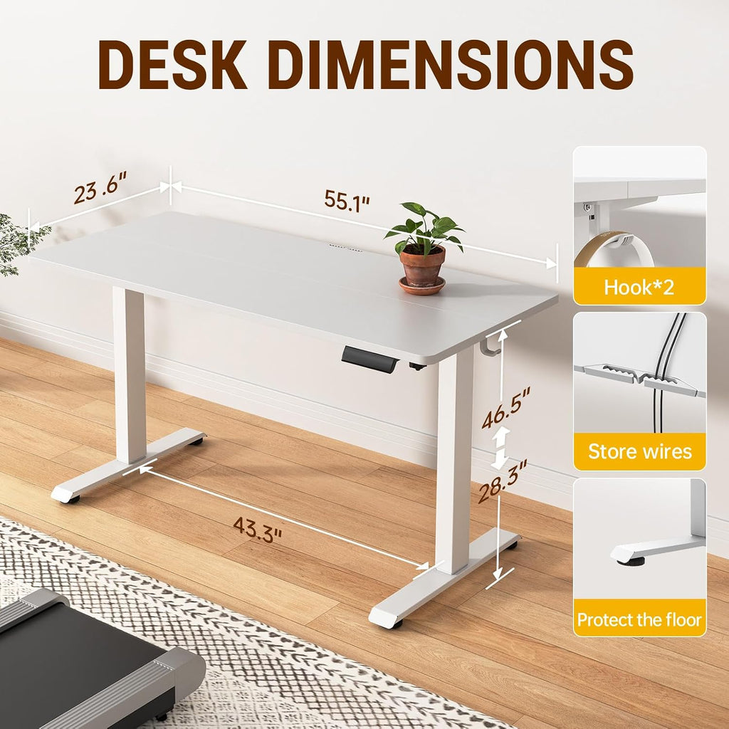 Veken 55 Inch Large Electric Standing Desk,Sit to Stand Up, Heights Adjustable, Work Home Office Computer Table for Study, Walking Pad, Writing, and Games, Wooden Desktop Desks, White