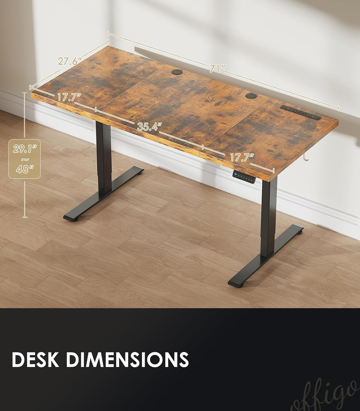 OffiGo 71 Inch Executive Electric Standing Desk, Height Adjustable Desk with Power Outlet & 1.38' Thick 3-Piece Desktop, Sit Stand Computer Desk for Home, Office, Conference Room, Rustic Brown