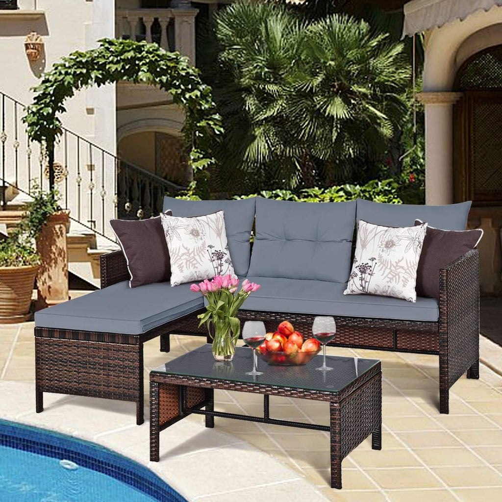 HAPPYGRILL 3 PCS Patio Conversation Set Sectional Rattan Wicker Sofa Set with Steel Frame & Seat Cushion, Outdoor Table & Sofa Furniture Set for Garden Lawn Pool Backyard