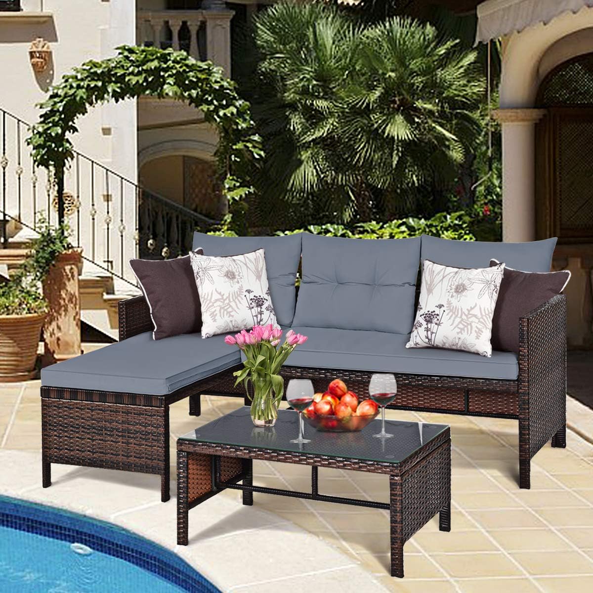 HAPPYGRILL 3 PCS Patio Conversation Set Sectional Rattan Wicker Sofa Set with Steel Frame & Seat Cushion, Outdoor Table & Sofa Furniture Set for Garden Lawn Pool Backyard