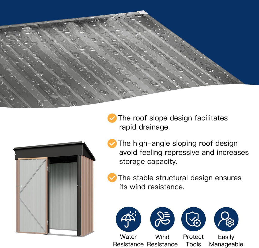 Aoxun 5x2.7 FT Shed Outdoor Storage Shed Metal Tool Shed with Door and Lock Outdoor Shed for Garden, Backyard, Poolside, Brown