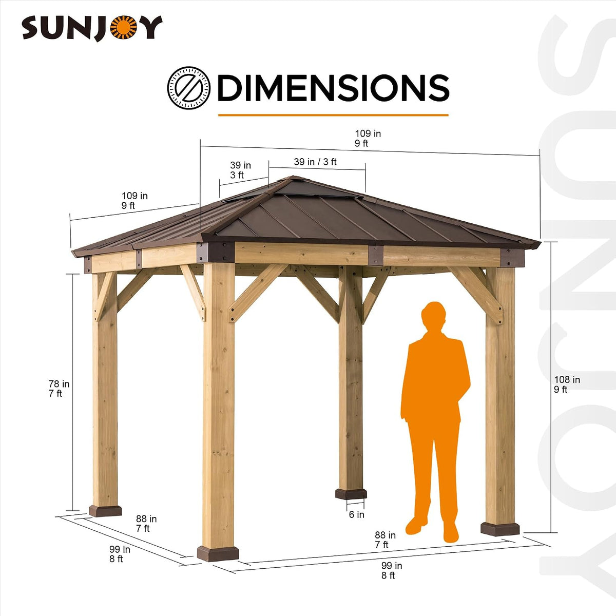 Sunjoy Hardtop Gazebo 9 x 9 ft. Upgrade Cedar Framed Wood Gazebo with Brown Steel & Polycarbonate Hip Roof Hardtop for Garden, Backyard Shade, Brown Roof + Natural Wood Frame
