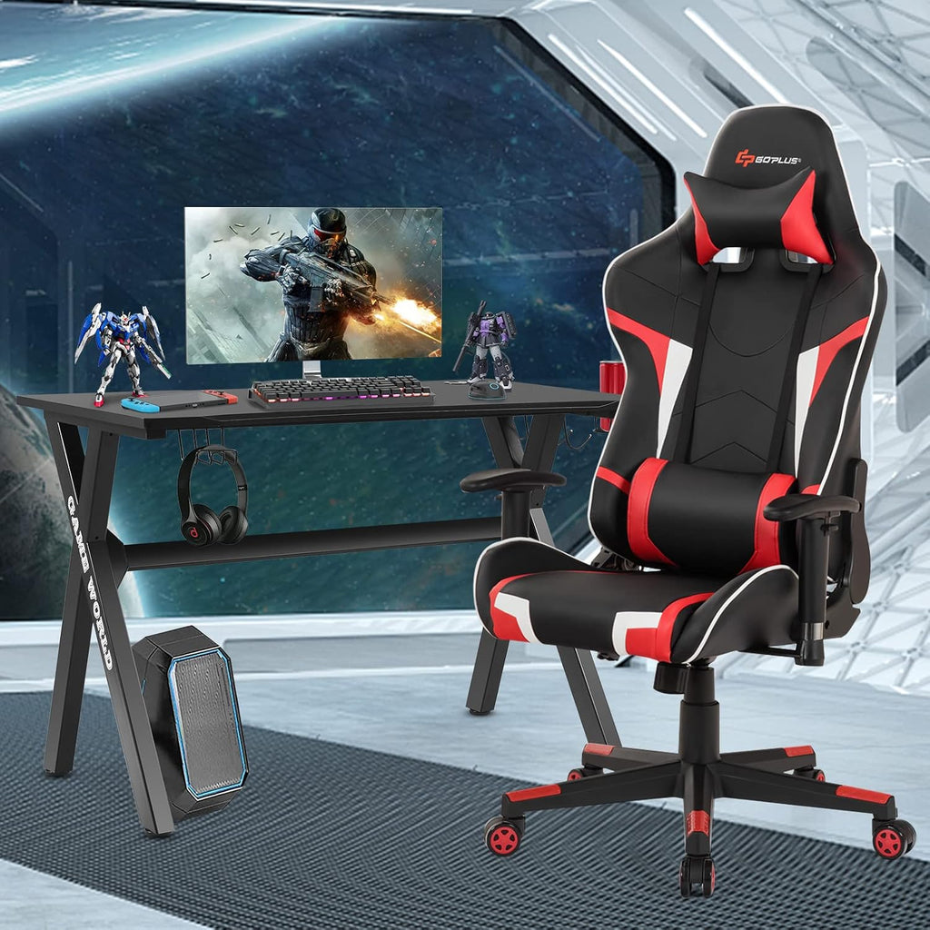 Goplus Gaming Desk & Chair Combo Set, Racing Style X Shaped E-Sport Gamer Desk & PVC Computer Chair w/Cup & Headphone Holder, Mouse Pad, Headrest & Massage Lumbar Support for Home Office (Red)
